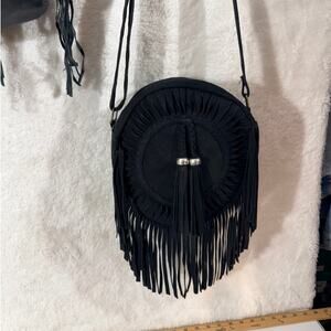 Genuine Suede Handmade Round Canteen Crossbody Black Boho Western New